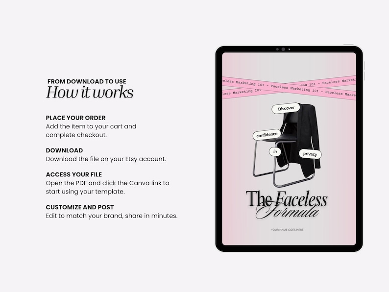 May include: Digital marketing template displayed on a tablet. The image features a black chair with a black jacket draped over it, and text bubbles with the words "Discover", "confidence", and "privacy". The text reads "The Faceless Formula".
