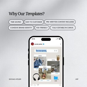 May include: A smartphone displaying an Instagram post with the text Why Our Templates? and buttons labeled TIME SAVING, EASY TO CUSTOMIZE, PRE-WRITTEN CONTENT INCLUDED, COHESIVE BRAND IDENTITY, PLR-FRIENDLY, and FULLY EDITABLE IN CANVA above the screen.