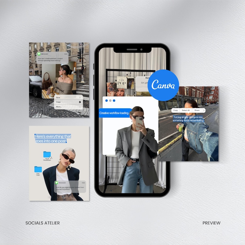 May include: A digital graphic display featuring a smartphone screen showing a person in a grey blazer, surrounded by multiple social media post templates. The templates include text overlays like Creative workflow loading, Here's everything that goes into one post, and the Canva logo.