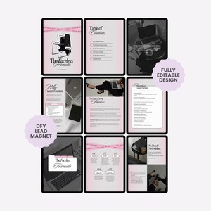 May include: A digital product mockup featuring a series of tablet screens. The screens display content with a pink and black color scheme, including the title "The Faceless Formula." The design includes the text "DFY LEAD MAGNET" and "FULLY EDITABLE DESIGN."