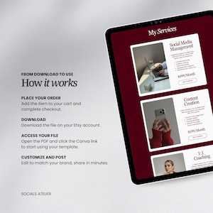 May include: A digital tablet displays a marketing services template. The screen shows "My Services" with sections for Social Media Management, Content Creation, and 1:1 Coaching. Instructions on how to use the template are also visible.