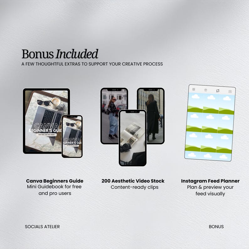 May include: An image showcasing digital marketing resources. It includes a tablet and smartphone displaying a Canva Beginners Guide, a smartphone with 200 aesthetic video stock clips, and an Instagram feed planner. The text "Bonus Included" is at the top.