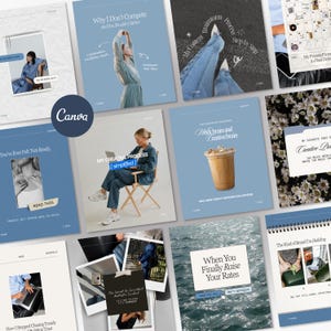 Può includere: Una collezione di modelli digitali per social media con una tavolozza di colori blu e bianco. I design includono vari layout con sovrapposizioni di testo come My Creative Process, Work brain and creative brain, e When You Finally Raise Your Rates, insieme a immagini di persone, caffè e onde del mare.