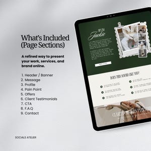 May include: A digital tablet displaying a website design with a green and white color scheme. The website includes sections for a header, message, profile, and testimonials. Text on the screen reads "Hey I'm Jackie" and "Clarity Changes Everything."