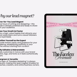 May include: A digital tablet displays a pink and black graphic with the text "The Faceless Formula." A black blazer hangs on a chair. The text "Why our lead magnet?" is at the top.