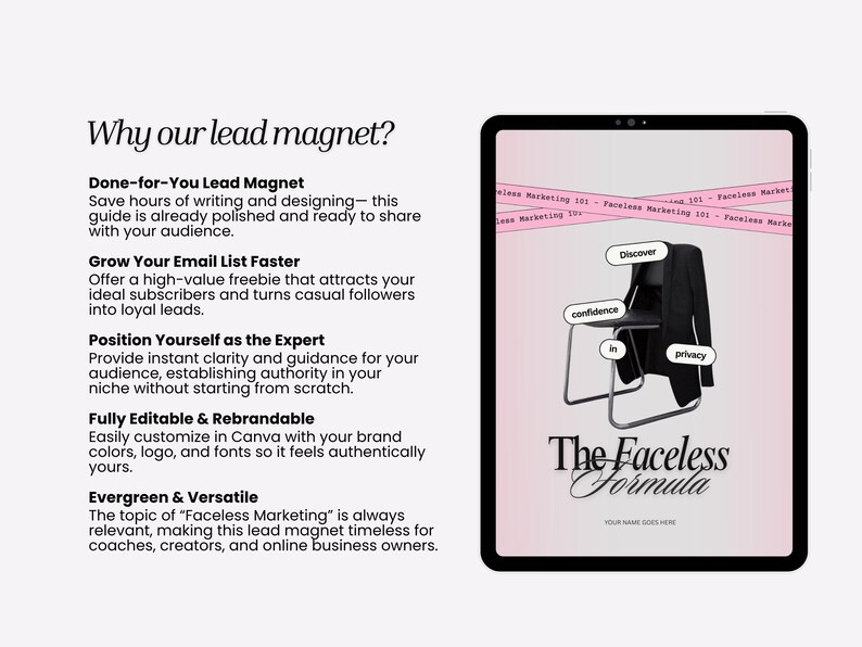 May include: A digital tablet displays a pink and black graphic with the text "The Faceless Formula." A black blazer hangs on a chair. The text "Why our lead magnet?" is at the top.