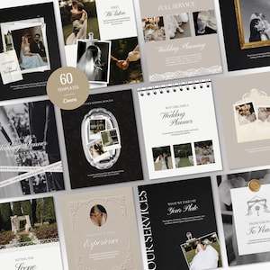 May include: A collection of 60 Canva templates for wedding planners, featuring various layouts with black, white, and beige color schemes. The designs include placeholders for photographs, elegant typography, and decorative elements like lace and frames.