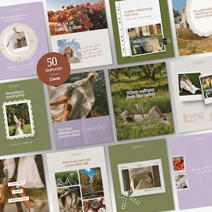 Puede incluir: Una colección de 50 plantillas de Canva que presentan una variedad de diseños con fondos en tonos pastel suaves y verdes terrosos, incorporando imágenes fotográficas de naturaleza, personas y escenas cotidianas junto a tipografía elegante y marcos decorativos.
