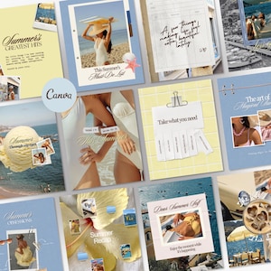 Op de afbeelding: Een digitale collage met meerdere zomerse sjablonen met diverse foto's van stranden, badkleding, ijsjes en reisscènes, geaccentueerd met tekstoverlays zoals Summer's Greatest Hits, This Summer's Must-Do List en Dear Summer Self.