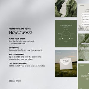 May include: A digital marketing template set with a minimalist design. The image includes text that reads "How it works" and "A Gentle Invitation." The color palette is primarily green and white, with a clean, modern aesthetic.