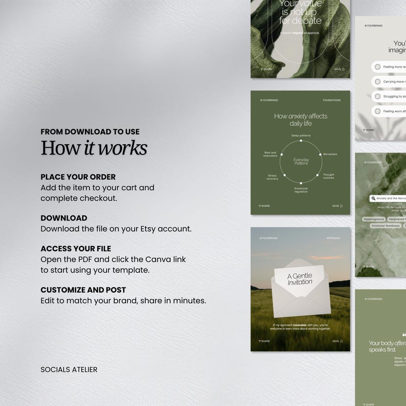 May include: A digital marketing template set with a minimalist design. The image includes text that reads "How it works" and "A Gentle Invitation." The color palette is primarily green and white, with a clean, modern aesthetic.