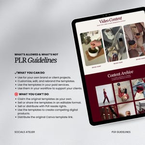 May include: A digital tablet displays a presentation about PLR guidelines and video content. The screen shows images and text, including "What's Allowed & What's Not" and "PLR Guidelines."