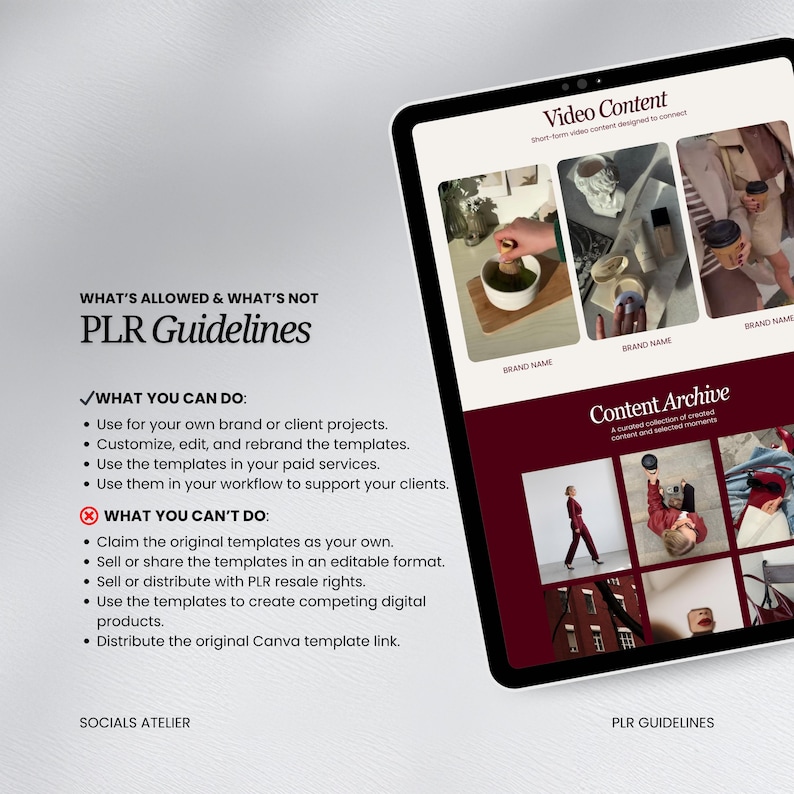 May include: A digital tablet displays a presentation about PLR guidelines and video content. The screen shows images and text, including "What's Allowed & What's Not" and "PLR Guidelines."