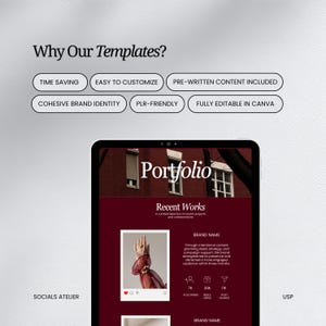 May include: A digital tablet displays a portfolio template with the title "Portfolio" and "Recent Works." The image includes text: "Why Our Templates?" and features options like "Time Saving" and "Easy to Customize."