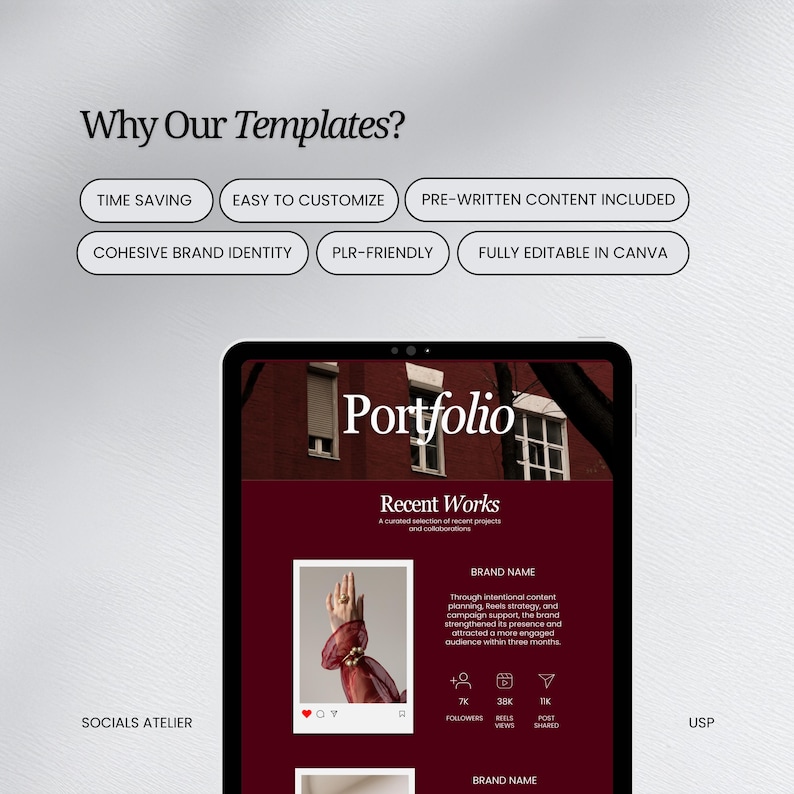 May include: A digital tablet displays a portfolio template with the title "Portfolio" and "Recent Works." The image includes text: "Why Our Templates?" and features options like "Time Saving" and "Easy to Customize."