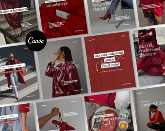 Social Media Manager Instagram Templates, Canva Posts for Personal Brands, Red Editorial Style