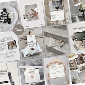 May include: A collection of digital social media templates featuring various aesthetic layouts, including images of blackberries, a vintage computer, a telephone handset, envelopes, and fashion photography with text overlays in serif and script fonts.