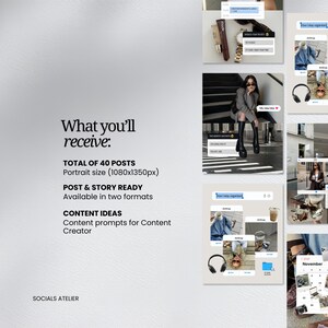 May include: A digital marketing template set featuring 40 portrait-sized social media posts. The text reads: What you'll receive: TOTAL OF 40 POSTS Portrait size (1080x1350px) POST & STORY READY Available in two formats CONTENT IDEAS.
