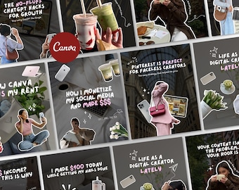 May include: A digital collage of social media content templates featuring various lifestyle imagery, including iced beverages, laptops, smartphones, floral arrangements, and text overlays such as 'How I Monetize My Social Media' and 'Life as a Digital Creator'.
