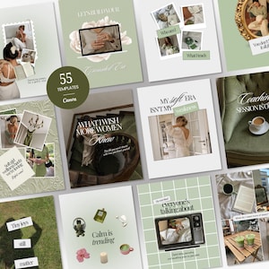 Op de afbeelding: Een collectie van 55 Canva social media sjablonen met een saliegroen en wit kleurenpalet. De ontwerpen bevatten diverse lay-outs met tekstoverlays, fotokaders en lifestyle-afbeeldingen zoals koffiekopjes, boeken en interieurdecoratie.