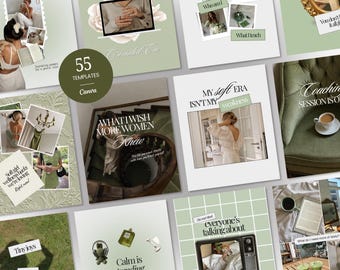 May include: A collection of 55 Canva social media templates featuring a sage green and white color palette. The designs include various layouts with text overlays, photo frames, and lifestyle imagery such as coffee cups, books, and interior decor.
