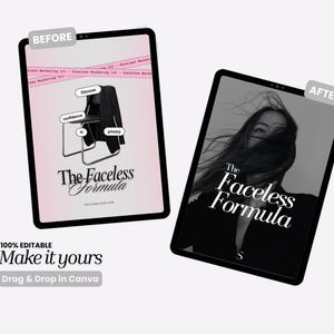 May include: Two digital tablets displaying a marketing concept. One tablet shows a pink background with a chair and jacket, text bubbles, and the words "The Faceless Formula." The other tablet shows a black and white photo of a person with the same text.