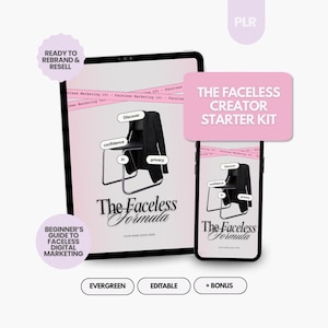 May include: A digital marketing starter kit displayed on a tablet and smartphone. The tablet and phone show a chair with a jacket, with the words "Discover", "confidence", and "privacy". The text "The Faceless Formula" is also visible.