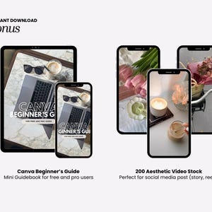 May include: Digital product mockups on a tablet and smartphones. The tablet and one phone display a laptop, sunglasses, and coffee. The other phones show aesthetic video stock images. Text reads "Canva Beginner's Guide" and "200 Aesthetic Video Stock."
