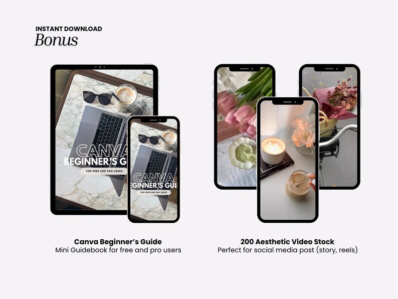 May include: Digital product mockups on a tablet and smartphones. The tablet and one phone display a laptop, sunglasses, and coffee. The other phones show aesthetic video stock images. Text reads "Canva Beginner's Guide" and "200 Aesthetic Video Stock."