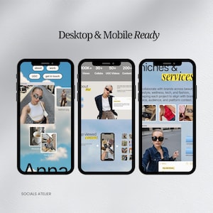 Pode incluir: Tr&ecirc;s smartphones exibindo um site de portf&oacute;lio digital com um fundo de c&eacute;u azul claro. As telas mostram v&aacute;rias se&ccedil;&otilde;es, incluindo about, work, UGC, get in touch e services, apresentando fotografias de uma pessoa e sobreposi&ccedil;&otilde;es de texto.
