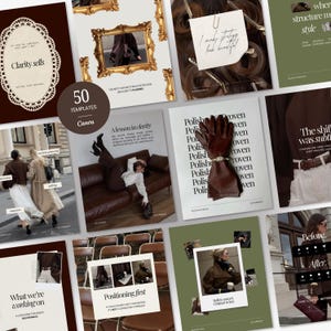 May include: A collection of 50 Canva social media templates featuring various layouts with text overlays, including phrases like Clarity sells, I make strategy look beautiful, and Positioning first, alongside imagery of fashion, furniture, and accessories.