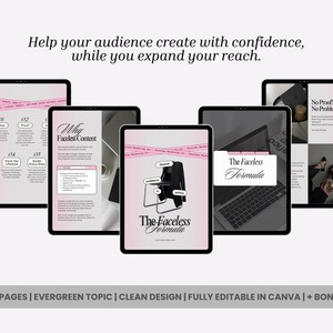 May include: A collection of black tablets displaying pink and white digital content. The text on the tablets includes "Why Faceless Content" and "The Faceless Formula." The image also includes the text "Help your audience create with confidence, while you expand your reach."