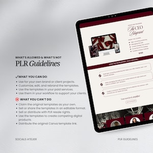 May include: A digital tablet displays "The CEO Blueprint" course details, including high-converting positioning and a scalable business roadmap. The screen also shows PLR guidelines, detailing what is and isn't allowed when using the templates.
