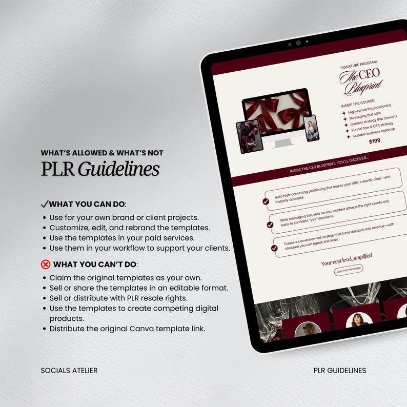 May include: A digital tablet displays "The CEO Blueprint" course details, including high-converting positioning and a scalable business roadmap. The screen also shows PLR guidelines, detailing what is and isn't allowed when using the templates.