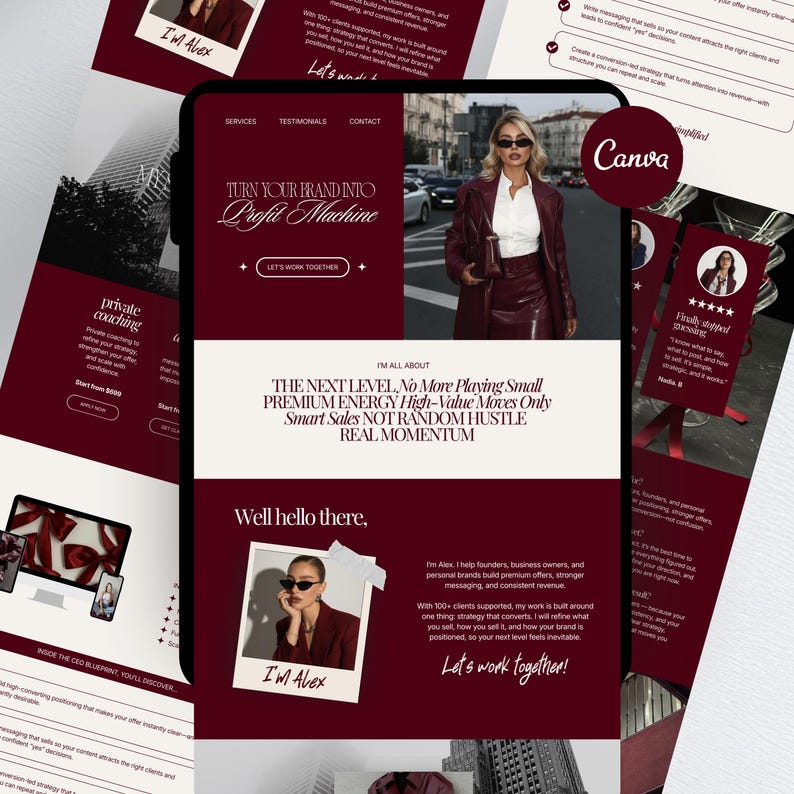 Burgundy Canva Website Template | Business Coach & Girl Boss Landing Page | Link in Bio image 1