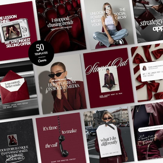 Business Coach Instagram Templates, Burgundy Editorial Coaching Content Bundle, Course Creator Social Media Posts