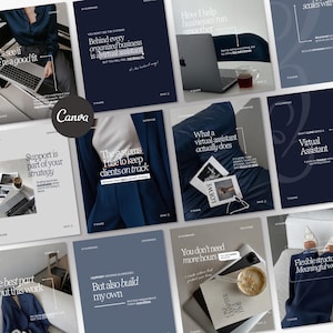 Pode incluir: Uma coleção de materiais de marketing em azul escuro e branco, com o logotipo Canva. O texto inclui frases como "assistente virtual", "o suporte faz parte da sua estratégia" e "construa o meu próprio".