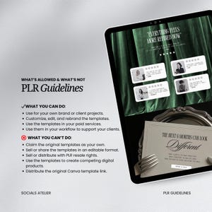 May include: A digital tablet displays marketing materials. The screen shows the text "Everything Feels More Refined Now" and customer testimonials. The tablet also shows the text "PLR Guidelines" with a list of what is and isn't allowed.