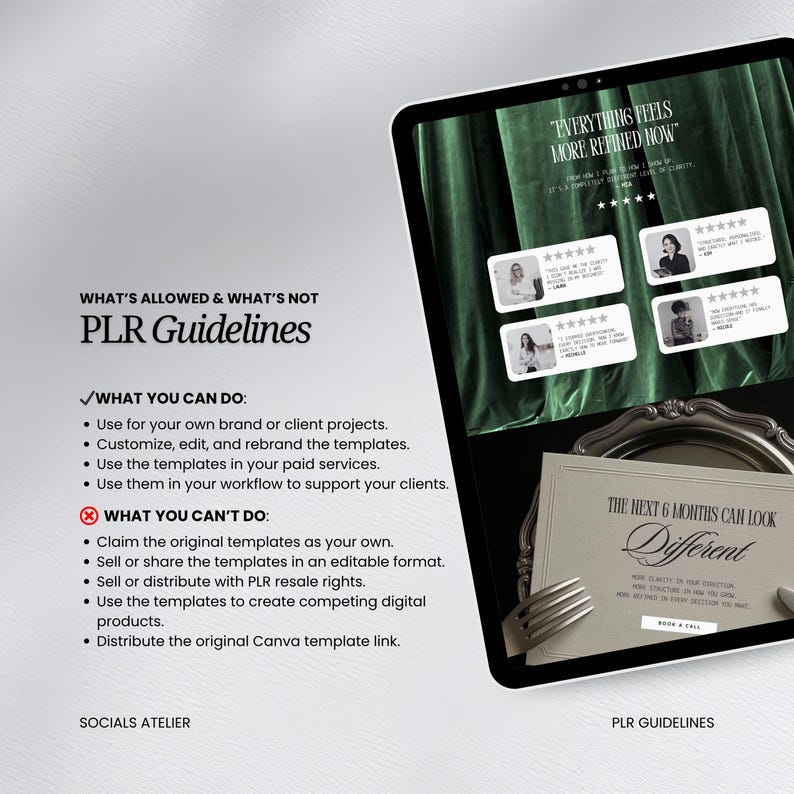 May include: A digital tablet displays marketing materials. The screen shows the text "Everything Feels More Refined Now" and customer testimonials. The tablet also shows the text "PLR Guidelines" with a list of what is and isn't allowed.