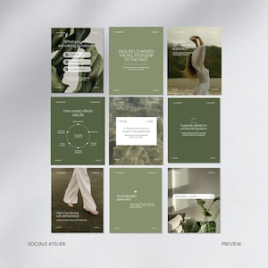 May include: A grid of nine social media posts with a consistent design. Each post features a muted green background and white text. Topics include anxiety, healing, and emotional regulation. The bottom left corner reads "SOCIALS ATELIER" and the bottom right corner reads "PREVIEW".