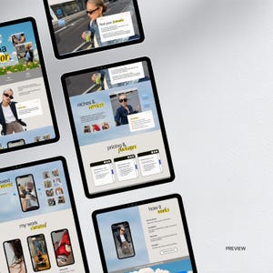 Pode incluir: Quatro telas de tablets digitais exibindo um layout de site com um esquema de cores azul claro e branco. As p&aacute;ginas apresentam se&ccedil;&otilde;es intituladas find your formula, niches & services, pricing & packages, my work curated e how it works.