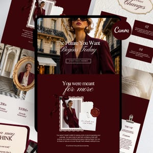 Puede incluir: Una plantilla de marketing digital con un esquema de color burdeos profundo y superposiciones de texto blanco. El diseño incluye una imagen central de una persona con blazer oscuro, un sello de cera, notas de papel con clips y tipografía elegante.