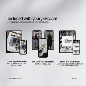 May include: An image showcasing digital resources, including a Canva Beginners Guide, 200 Aesthetic Video Stock, and a Canva Website Tutorial. The resources are displayed on tablets and smartphones, with the text "Included with your purchase" at the top.