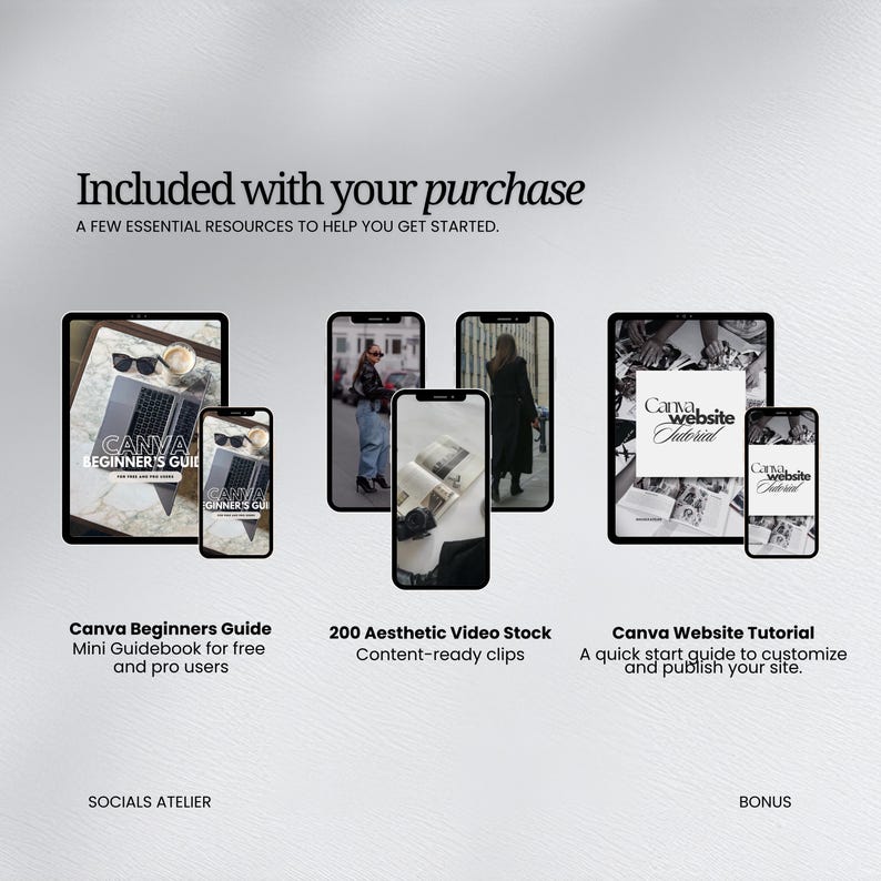 May include: An image showcasing digital resources, including a Canva Beginners Guide, 200 Aesthetic Video Stock, and a Canva Website Tutorial. The resources are displayed on tablets and smartphones, with the text "Included with your purchase" at the top.