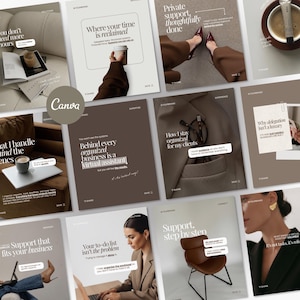 May include: A series of marketing posters in brown and white, branded with the Canva logo. The designs focus on virtual assistance, time management, and business support. Some images include coffee cups, a laptop, and a person's legs.
