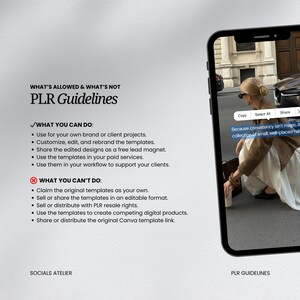 May include: A digital graphic displaying PLR Guidelines with black text on a light background. The left side lists allowed and prohibited uses for templates. The right side shows a smartphone screen displaying a photo of a person in a street setting.