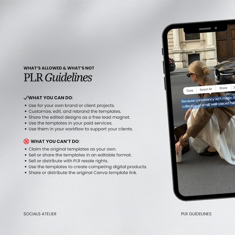 May include: A digital graphic displaying PLR Guidelines with black text on a light background. The left side lists allowed and prohibited uses for templates. The right side shows a smartphone screen displaying a photo of a person in a street setting.