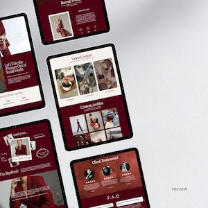 May include: Multiple digital tablets displaying website content with a burgundy and white color scheme. The screens show text and images related to social media management, including the phrases "Let's Take the Pressure Out of Social Media" and "I'm Stephanie."