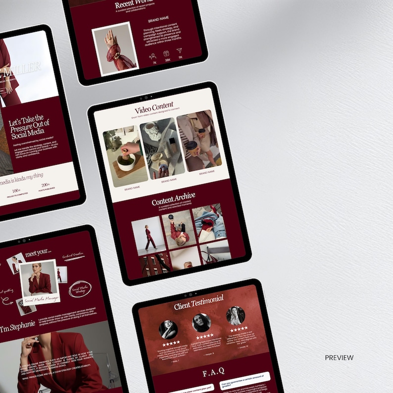 May include: Multiple digital tablets displaying website content with a burgundy and white color scheme. The screens show text and images related to social media management, including the phrases "Let's Take the Pressure Out of Social Media" and "I'm Stephanie."