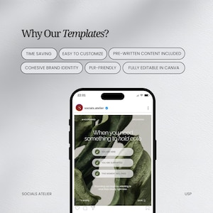 May include: A smartphone displays a social media post with the text "When you need something to hold onto." The image includes the text "Why Our Templates?" and lists features like "Time Saving" and "Easy to Customize."